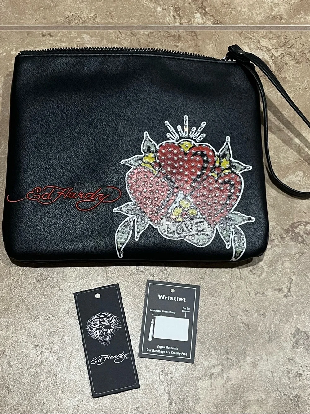 Ed Hardy Black Wristlet Clutch with Red Studded Heart Graphic